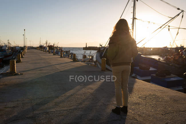 Rückansicht einer Frau, die bei Sonnenuntergang auf einem Steg in der Nähe von Booten steht — Stockfoto