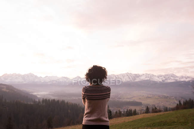 Vista posteriore della donna in abiti caldi in piedi vicino alla campagna — Foto stock