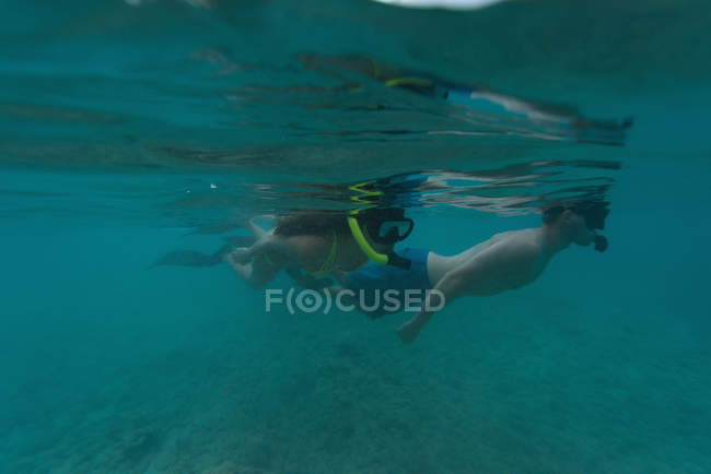 Pareja buceando bajo el agua en mar turquesa - foto de stock