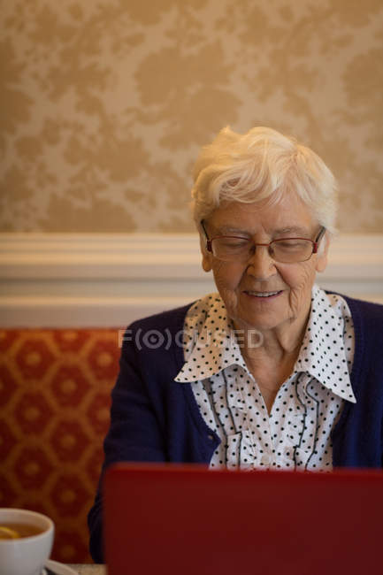 Seniorin benutzt Laptop zu Hause — Stockfoto