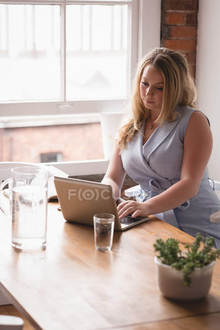 Жіночий керівник використовує ноутбук в офісі — стокове фото