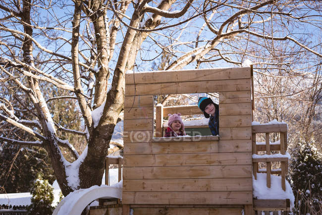 Hermanos jugando en el patio cubierto de nieve durante el invierno - foto de stock