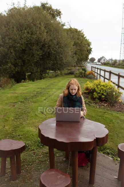 Молода жінка використовує ноутбук у парку — стокове фото