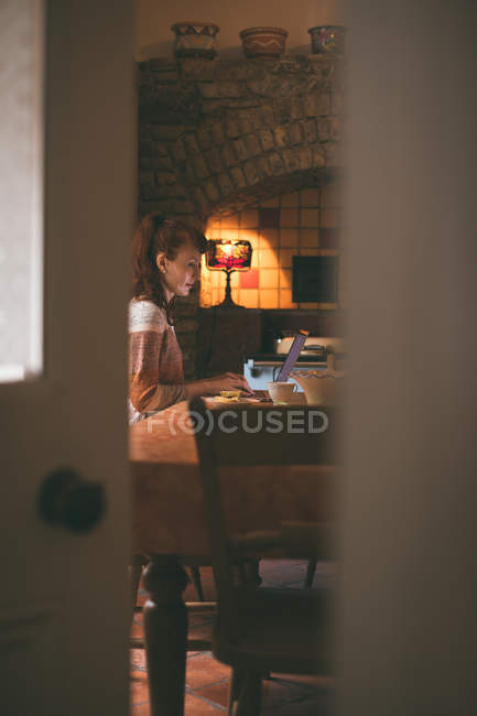 Side view of woman using laptop at home — Stock Photo