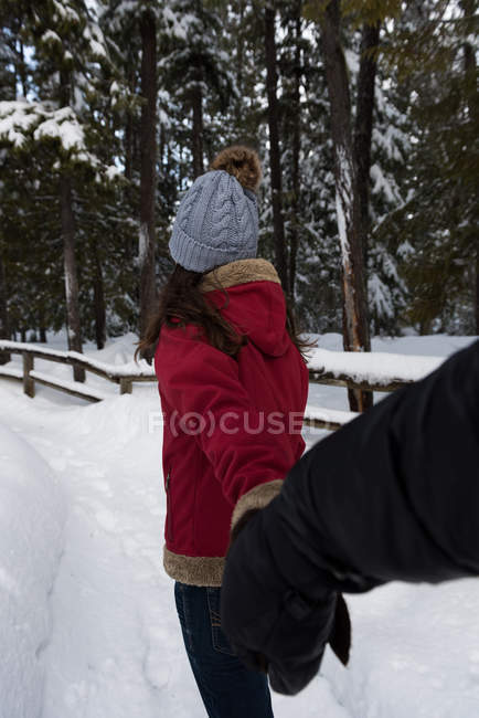 Pareja cogida de la mano en el bosque de nieve durante el invierno - foto de stock