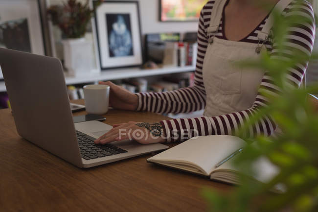 Partie médiane de la femme utilisant un ordinateur portable à la maison — Photo de stock