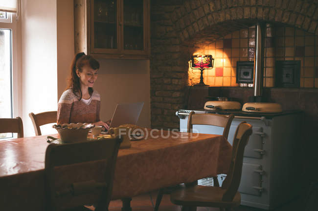 Усміхнена жінка використовує ноутбук вдома — стокове фото