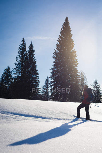 Mulher andando na encosta nevada em um dia ensolarado — Fotografia de Stock