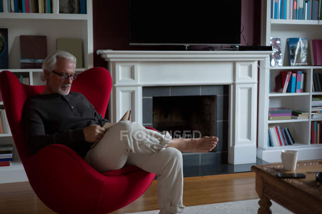 Senior liest zu Hause im Wohnzimmer ein Buch — Stockfoto