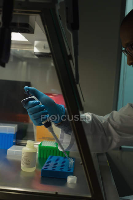 Solución de pipeteo del científico en el tubo de ensayo de vidrio en el laboratorio - foto de stock