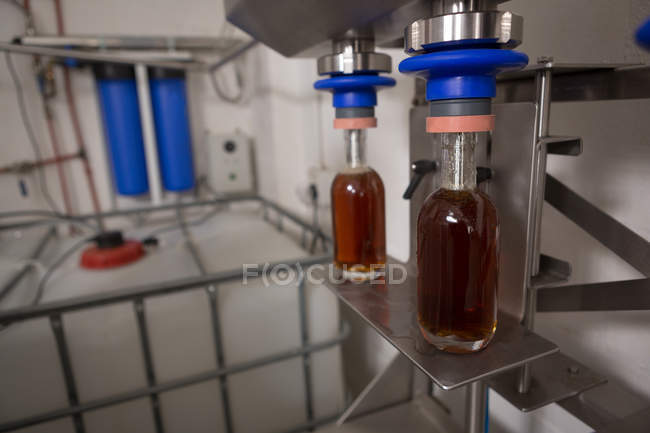 Gim sendo preenchido em garrafas na fábrica — Fotografia de Stock