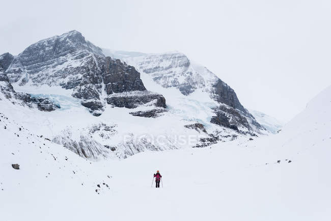Жінка альпіністка, що йде на засніженій горі взимку — стокове фото