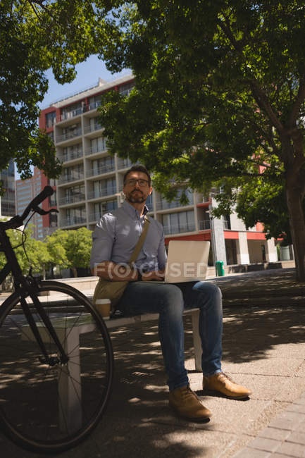 Homme utilisant un ordinateur portable dans le parc par une journée ensoleillée — Photo de stock