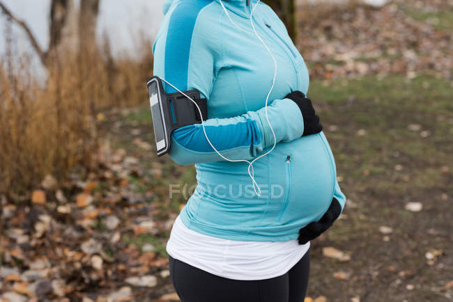 Средняя часть беременной женщины трогает живот в парке. — стоковое фото
