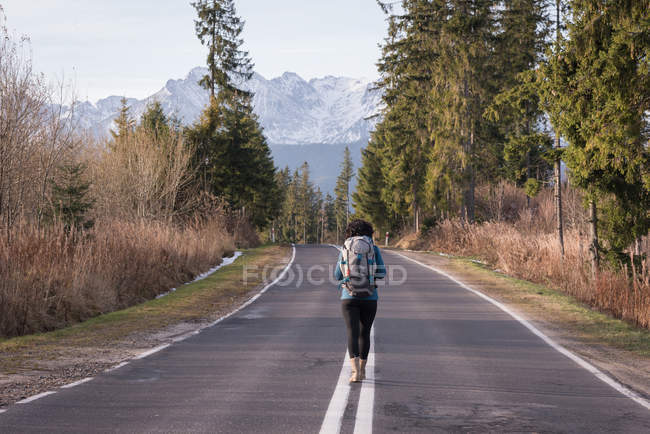 Vista posteriore della donna con zaino che cammina su strada in campagna — Foto stock