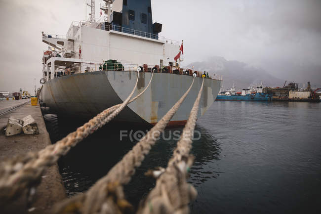 Buques de carga amarrados en los astilleros al atardecer - foto de stock