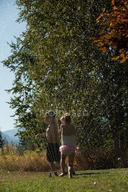 Брат и сестра играют в парке в солнечный день — стоковое фото