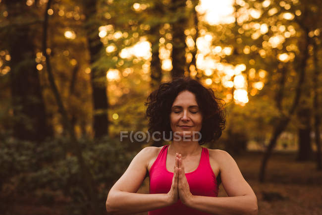 Frauen meditieren an einem sonnigen Tag im Wald — Stockfoto