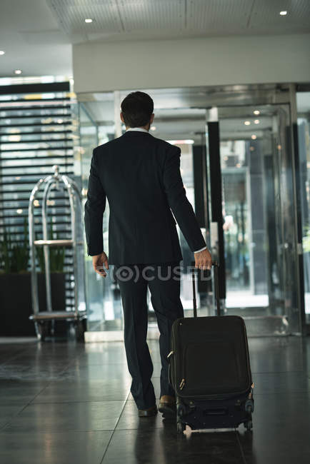 Visão traseira do homem de negócios com saco de carrinho saindo do hotel — Fotografia de Stock