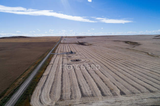 Leere Straße, die an einem sonnigen Tag durch ein Weizenfeld führt — Stockfoto