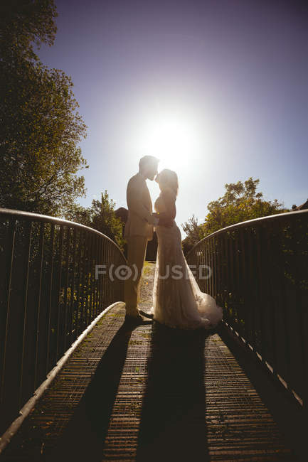 Mariée et marié s'embrassant sur la passerelle dans le jardin par une journée ensoleillée — Photo de stock