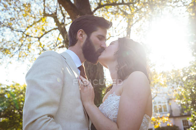 Braut und Bräutigam küssen sich an einem sonnigen Tag im Garten — Stockfoto