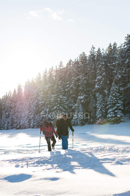 Paar beim Schneeschuhwandern im winterlichen Wald in den Bergen. — Stockfoto