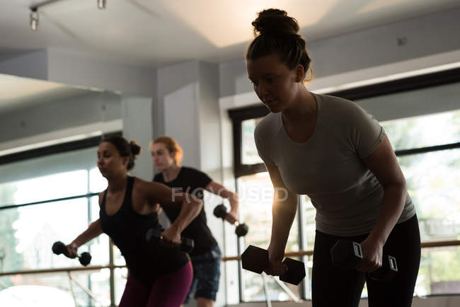 Grupo de pessoas aptas a se exercitar com halteres em estúdio de fitness . — Fotografia de Stock