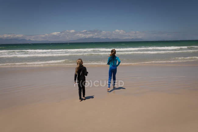 Rückansicht von Geschwistern im Neoprenanzug, die an einem sonnigen Tag in Richtung Meer laufen — Stockfoto