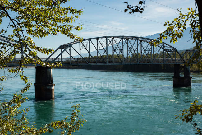 Металлический мост через реку, окруженный деревьями — стоковое фото