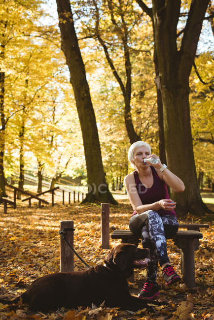 Thoughtful senior woman drinking water in a park with her dog during daytime — Stock Photo