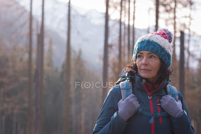 Caminhante feminino de pé com mochila na floresta — Fotografia de Stock