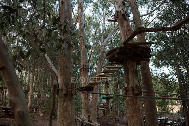 Holzhindernisse im Hochseilgarten im Wald — Stockfoto