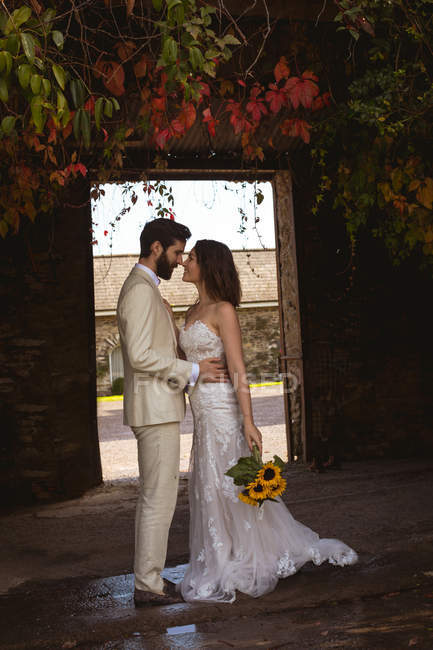 Romantici sposi in piedi faccia a faccia in giardino — Foto stock