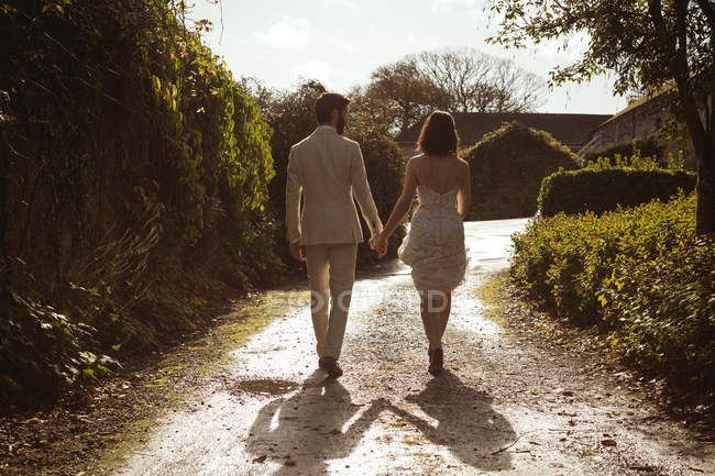 Vista trasera de novia y novio caminando de la mano en el jardín - foto de stock