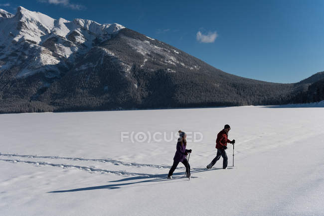 Un par de raquetas de nieve en el paisaje invernal de montaña . - foto de stock