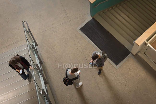 Vista de ángulo alto de estudiantes universitarios usando teléfono móvil - foto de stock