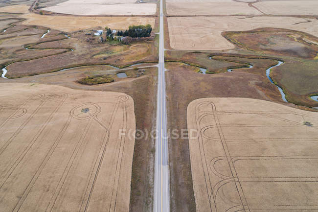Aerea di strada vuota che passa attraverso il campo di grano — Foto stock