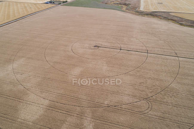 Воздушные линии на собранном пшеничном поле — стоковое фото