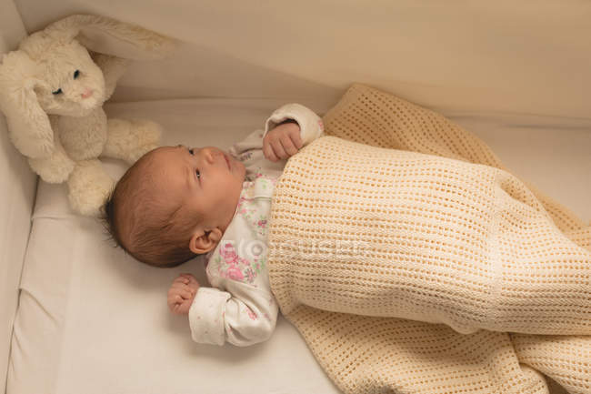 Newborn baby relaxing under blanket in baby bed with plush toy. — Stock Photo