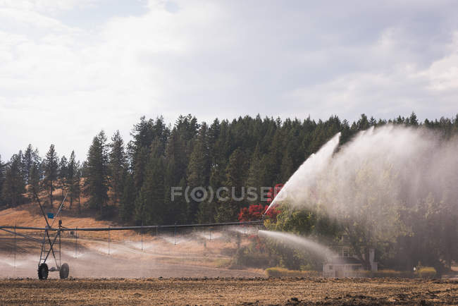 Bewässerungssystem, das an einem sonnigen Tag Wasser auf dem Feld versprüht — Stockfoto