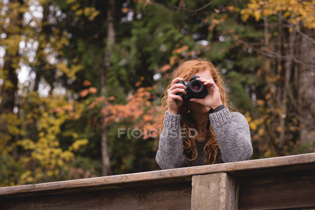 Rotkopffrau fotografiert im herbstlichen Wald — Stockfoto