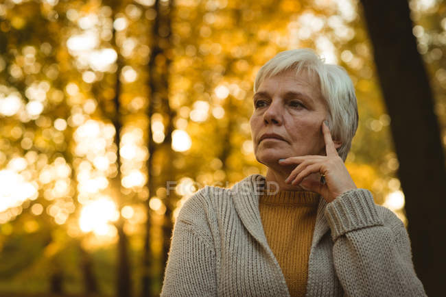 Задумчивая пожилая женщина в осеннем парке — стоковое фото