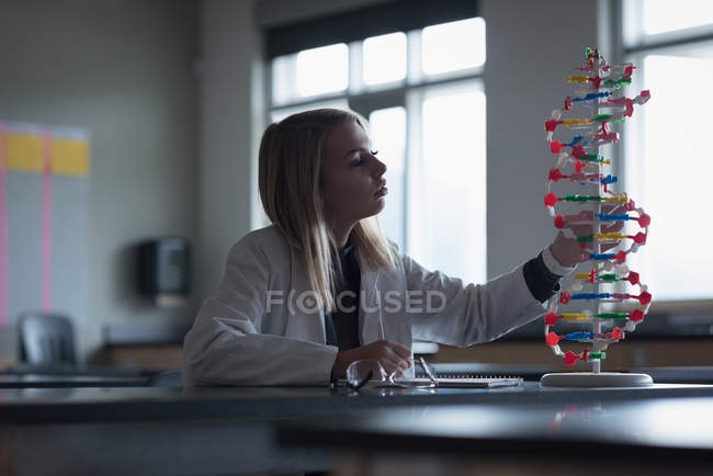 Дівчинка-підліток вивчає модель молекули в лабораторії в університеті — стокове фото