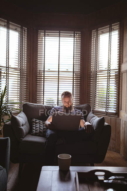Человек, сидящий на диване, используя ноутбук в гостиной — стоковое фото