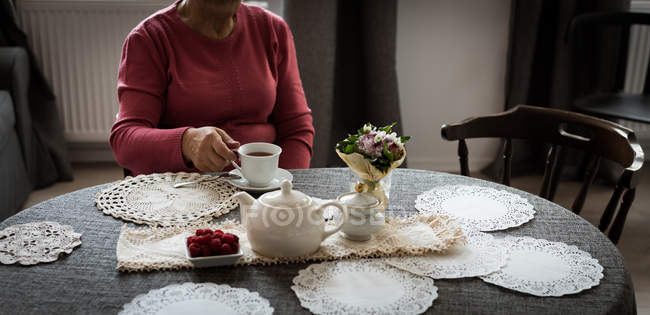 Старша жінка має чашку чаю у вітальні вдома — стокове фото