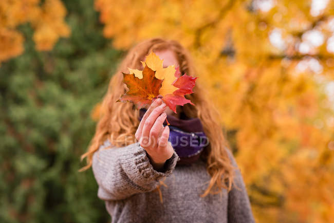 Mulher mostrando folhas de bordo vermelhas, amarelas e marrons no parque de outono — Fotografia de Stock