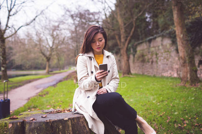 Бізнес-леді сидить на дереві пенька і використовує мобільний телефон в парку — стокове фото