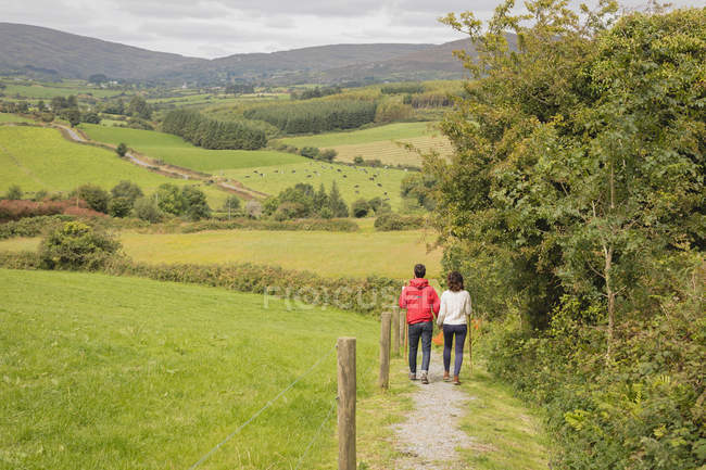 Vista trasera de pareja caminando por sendero cerca del campo - foto de stock