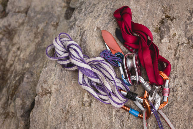 Close-up view of harness with rope on rock — Stock Photo